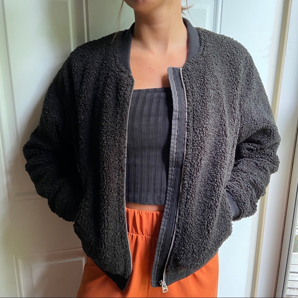 American Eagle black fuzzy bomber jacket
